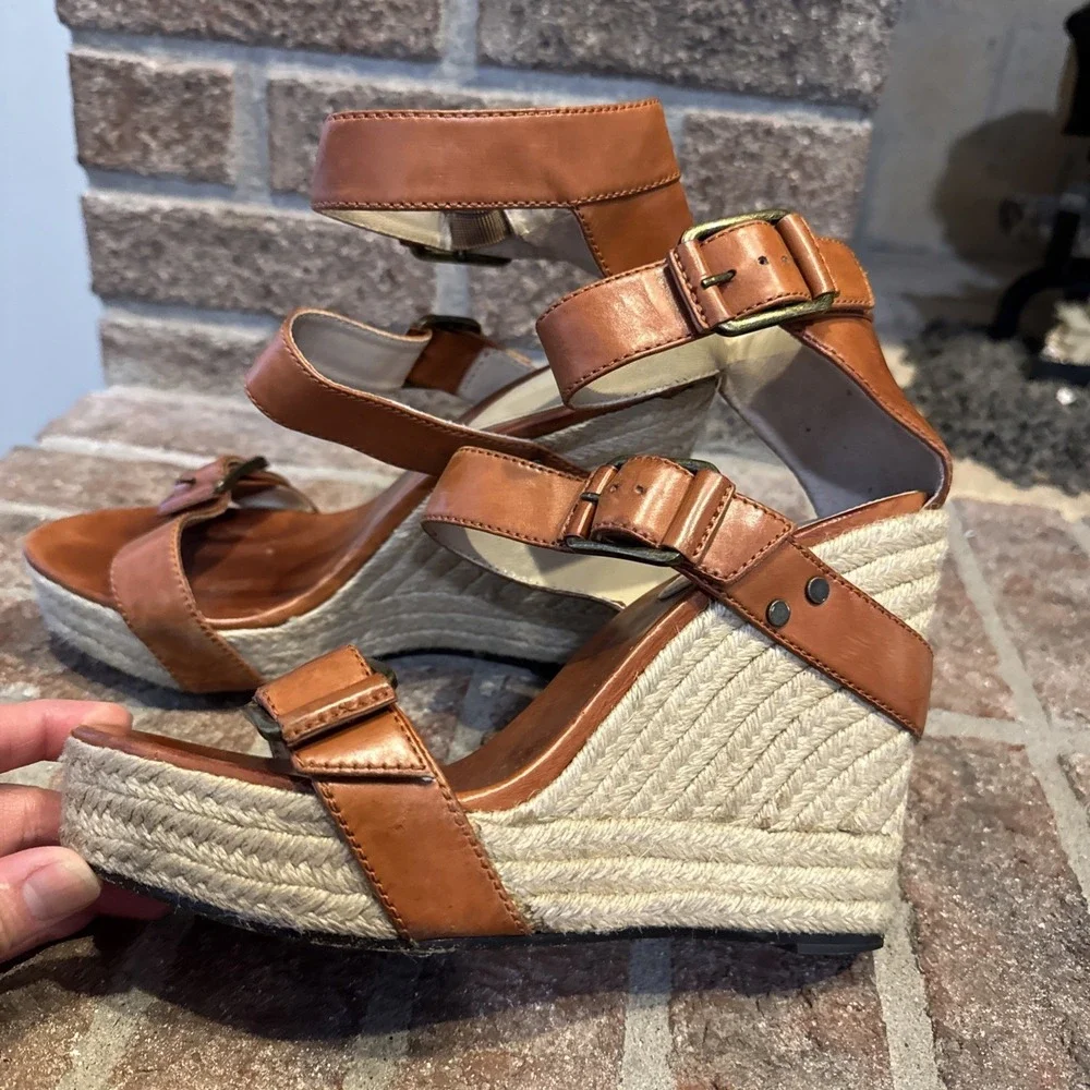 Brian Atwood Wedge Espadrille Leather Sandals‎ Size 9 40EU #286